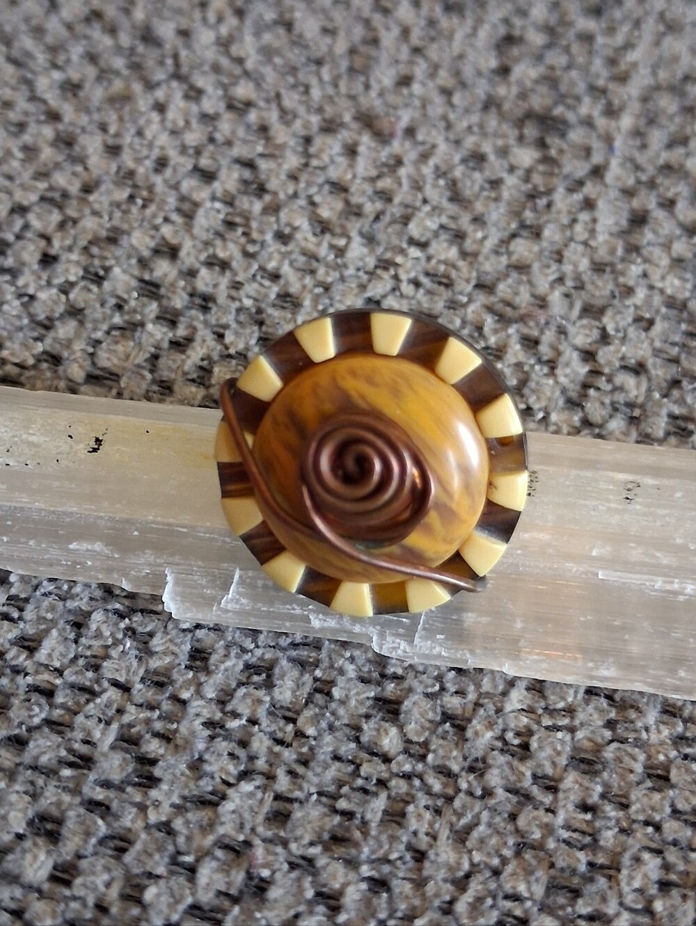 Vintage Handmade Swirl Button Ring in Yellow and Brown